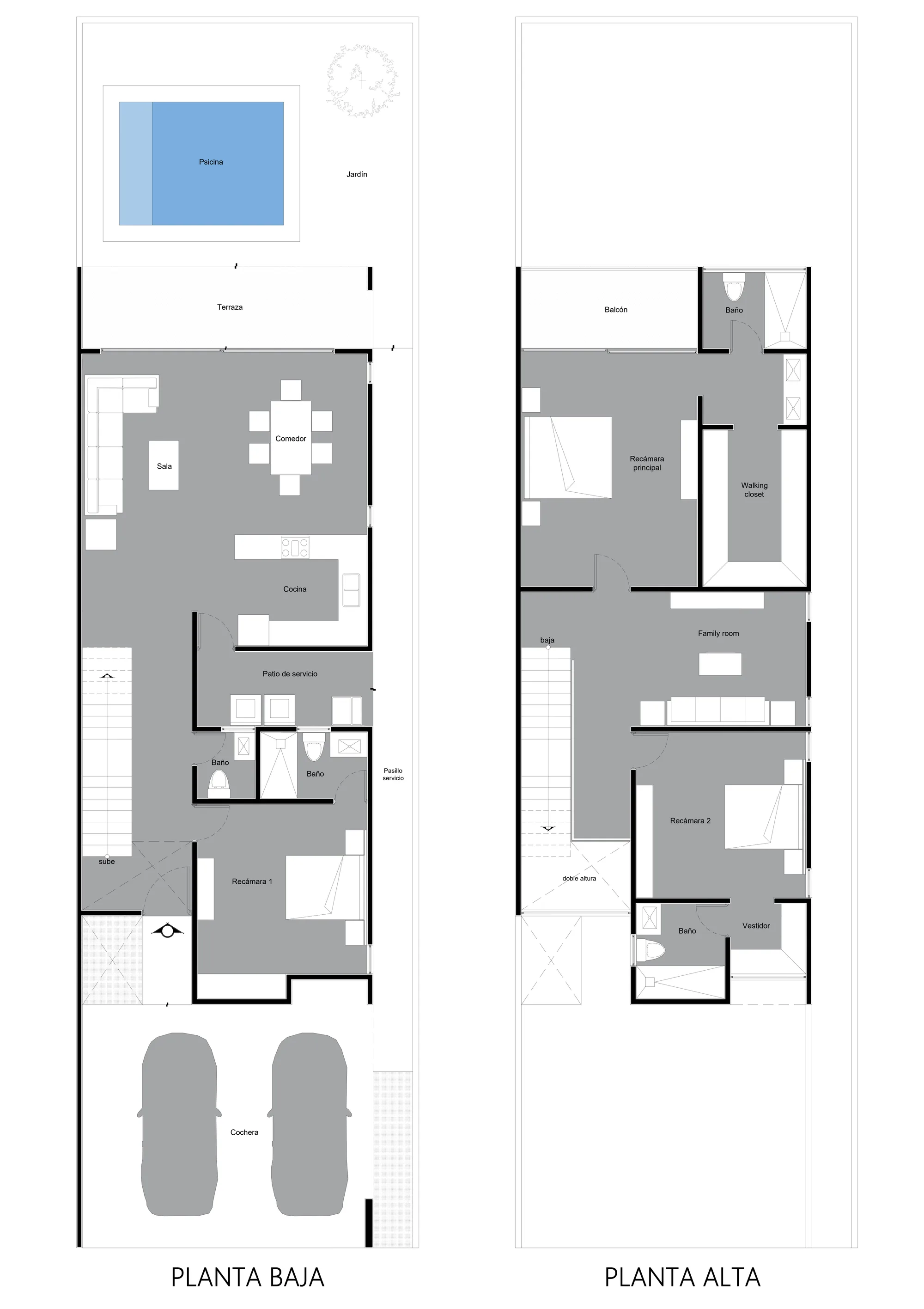 Plano arquitectónico de la residencia OX: planta baja con alberca, terraza, sala, comedor, cocina, recámara 1, baño y cochera para 2 autos; planta alta con recámara principal, walking closet, family room, recámara 2, baño y vestidor.